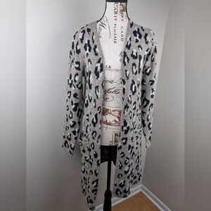 Nine West Beige Gray Animal Print Oversized Open Knit Duster Cardigan Sweater XS